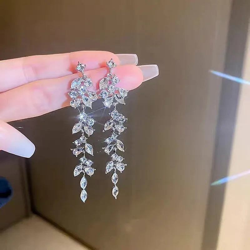 Exquisite Leaves Silver Crystal Flower Earrings