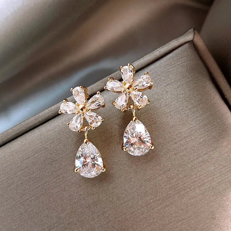 Gold and White Crystal Flower Stud Earrings