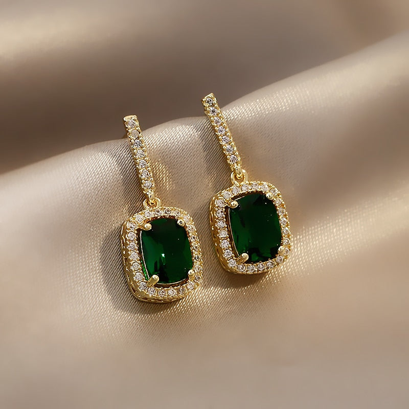 Geometric Green Crystal Pendant Earrings