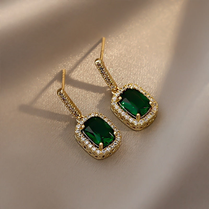 Geometric Green Crystal Pendant Earrings