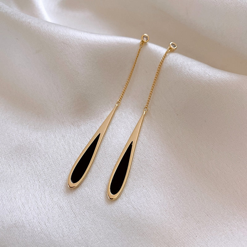 Black Drop Tassel Long Earrings